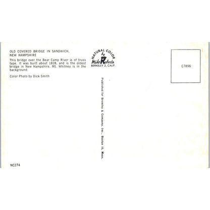 Old Covered Bridge in Sandwich New Hampshire Covered Bridge Postcard PC3