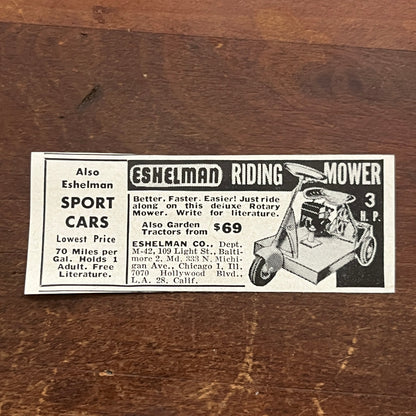 Eshelman Riding Lawn Mower Los Angeles CA 1955 Ad AF9-S2