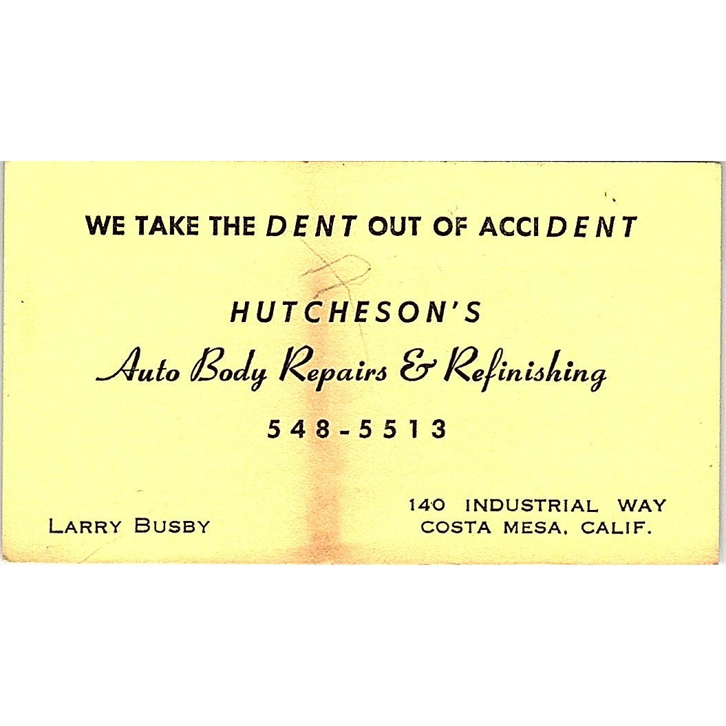 Larry Busby Hutcheson's Auto Body Costa Mesa CA Vintage Business Card SE3-B14