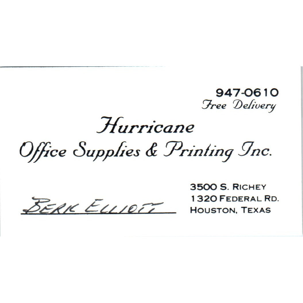 Berk Elliot Hurricane Office Supplies Houston Vintage Business Card SE3-B4