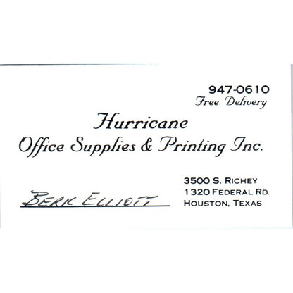Berk Elliot Hurricane Office Supplies Houston Vintage Business Card SE3-B4