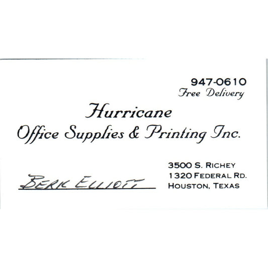 Berk Elliot Hurricane Office Supplies Houston Vintage Business Card SE3-B4