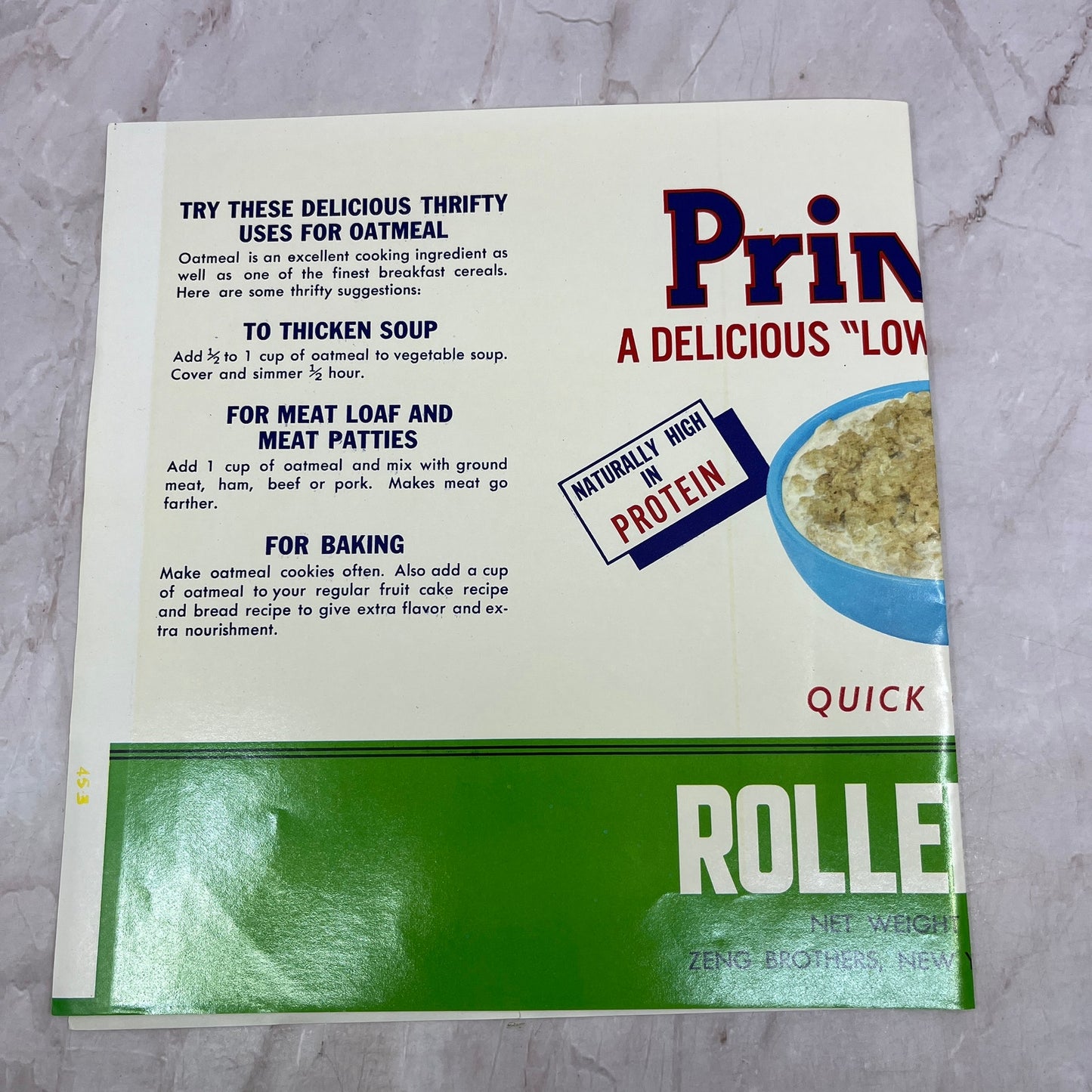Princely Rolled Oats Label Zeng Brothers New York A19