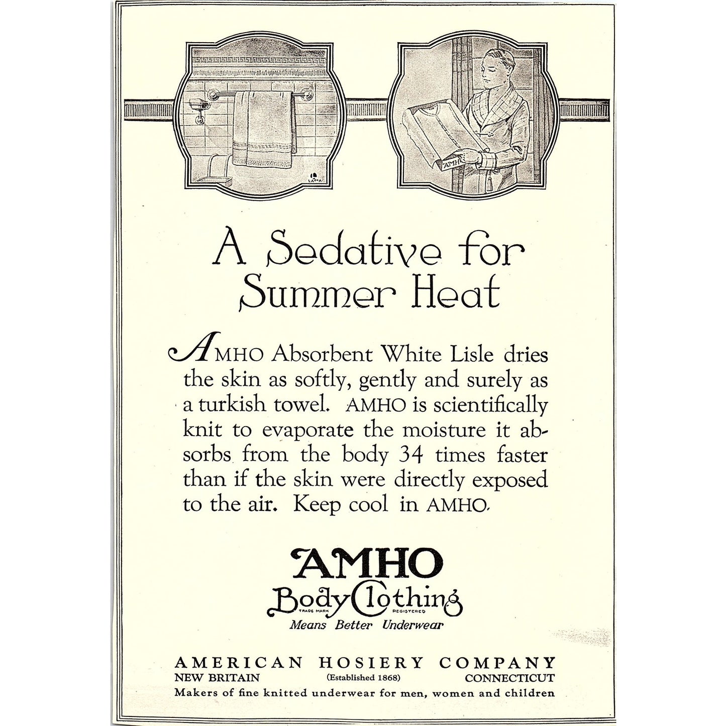 AMHO Body Clothing White Lisle American Hosiery Co New Britain CT c1920 Ad AF8-8
