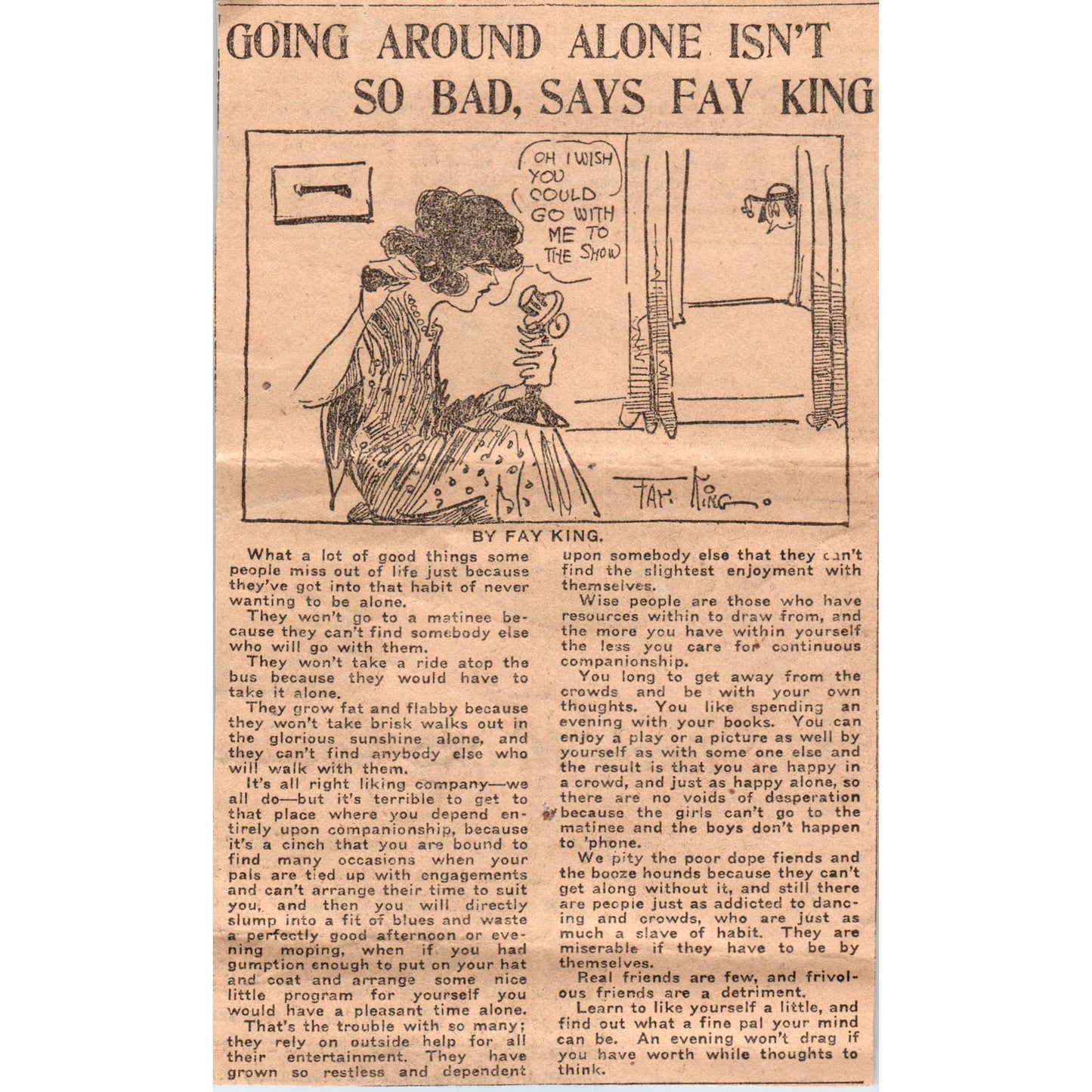 Vintage Fay King Cartoon Clipping Going Around Alone Isn't So Bad AE6