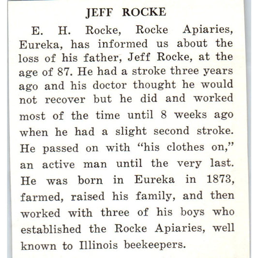 Jeff Rocke Obituary Rocke Apiaries Eureka IL 1961 Magazine Ad AB6-S12