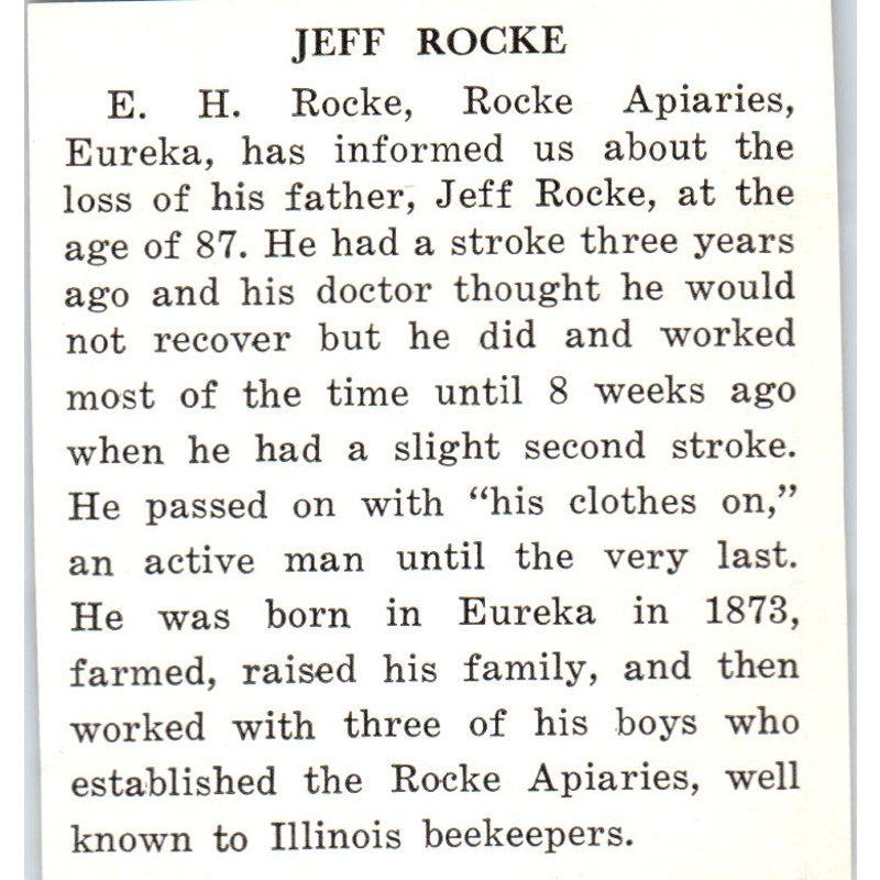Jeff Rocke Obituary Rocke Apiaries Eureka IL 1961 Magazine Ad AK6-S12