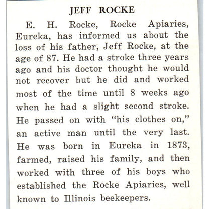 Jeff Rocke Obituary Rocke Apiaries Eureka IL 1961 Magazine Ad AK6-S12