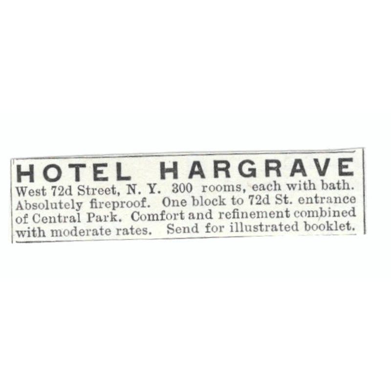 Hotel Hargrave Central Park NY c1918 Original Advertisement AE5-SV5
