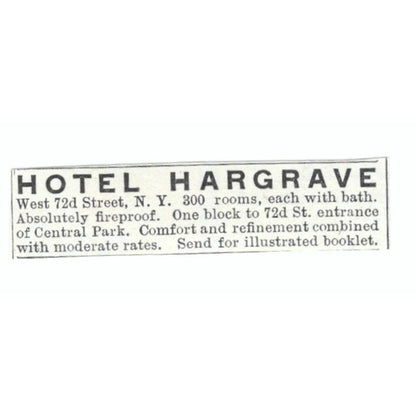 Hotel Hargrave Central Park NY c1918 Original Advertisement AE5-SV5
