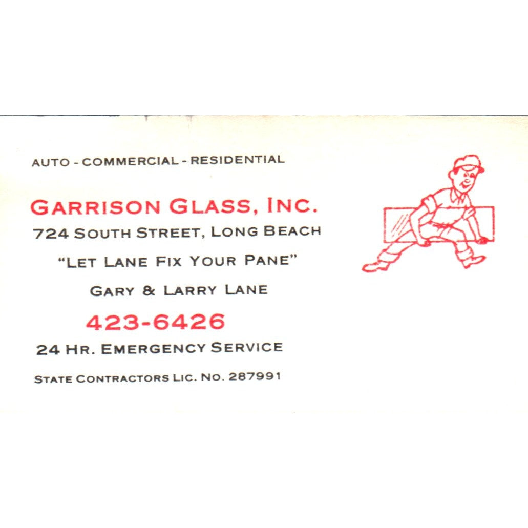 Garrison Glass Inc Garry & Larry Lane Long Beach Vintage Business Card SD8-B4
