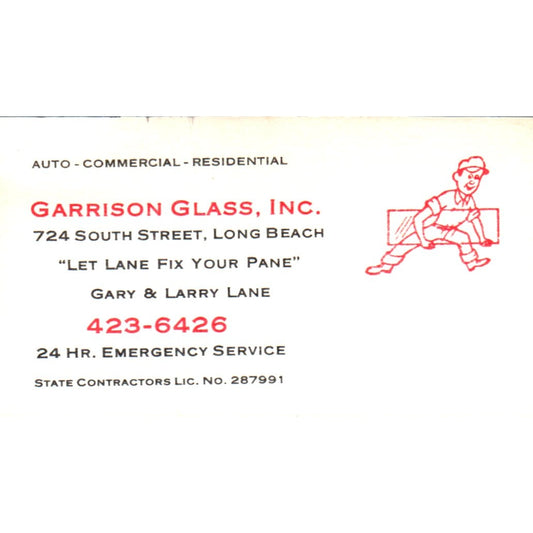 Garrison Glass Inc Garry & Larry Lane Long Beach Vintage Business Card SD8-B4