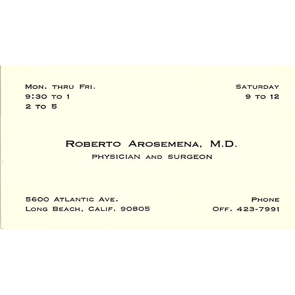 Roberto Arosemena Physician, Surgeon Long Beach CA Vintage Business Card SB4-B1