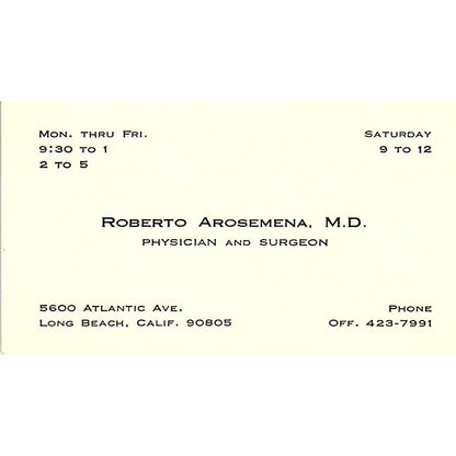 Roberto Arosemena Physician, Surgeon Long Beach CA Vintage Business Card SB4-B1