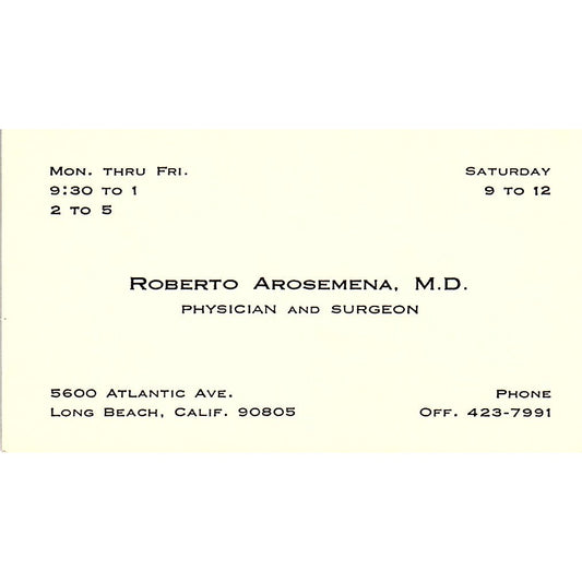 Roberto Arosemena Physician, Surgeon Long Beach CA Vintage Business Card SB4-B1