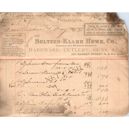 1889 Seltzer-Klahr Hardware Co Philadelphia Original Billhead Receipt AE7