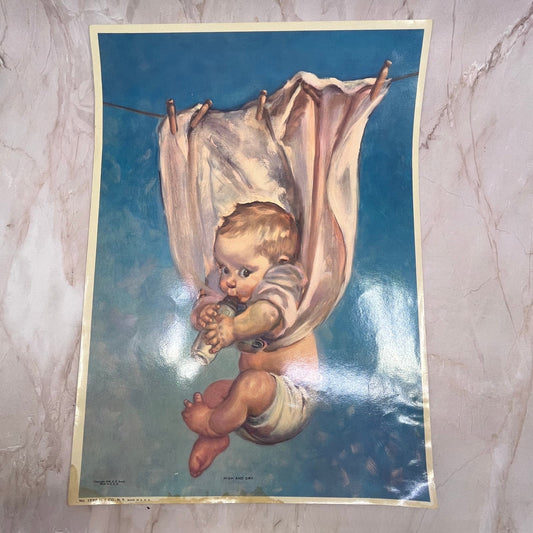 1948 High and Dry Baby on Clothesline R.E South Art Print Lithograph 12x16 FL6-4