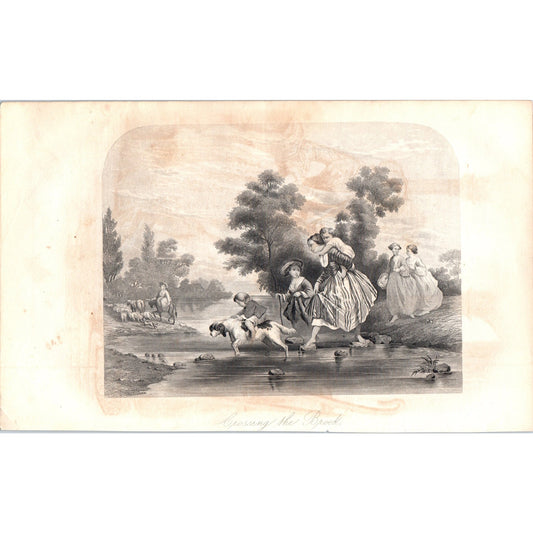 Crossing The Brook - Boy Riding Dog 1857 Original Art Engraving D19-3