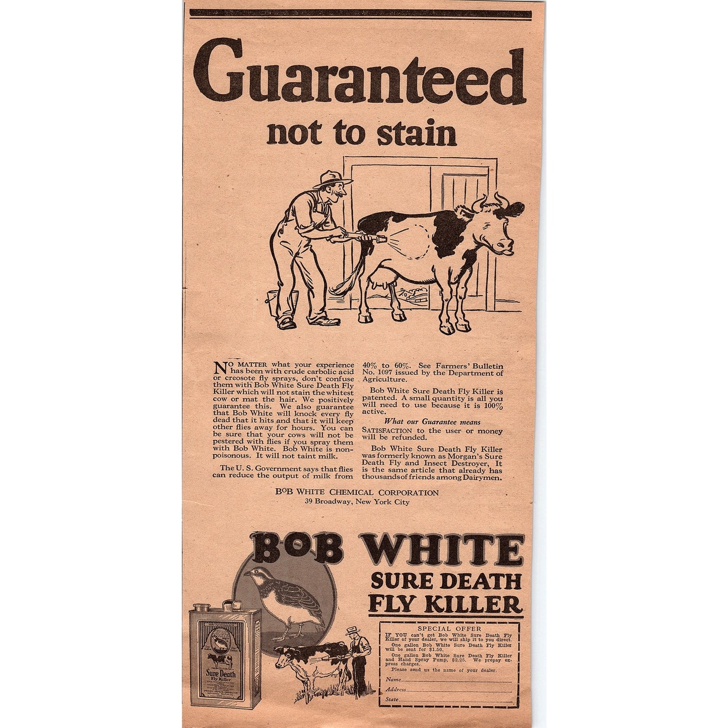 Bob White Chemical Co Sure Deah Fly Killer New York City Advertisement V1-8