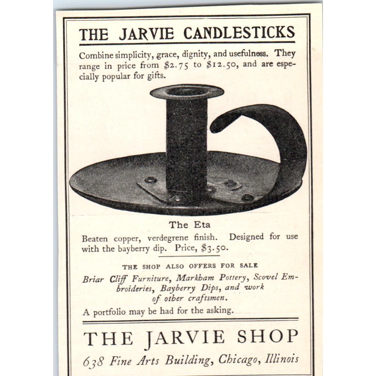 The Jarvie Shop Candlesticks The Eta Chicago IL c1905 Victorian Ad AE9-MA5
