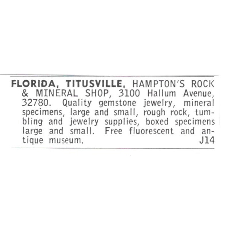 Hampton's Rock and Mineral Shop Titusville Florida 1972 Ad AF8-S22