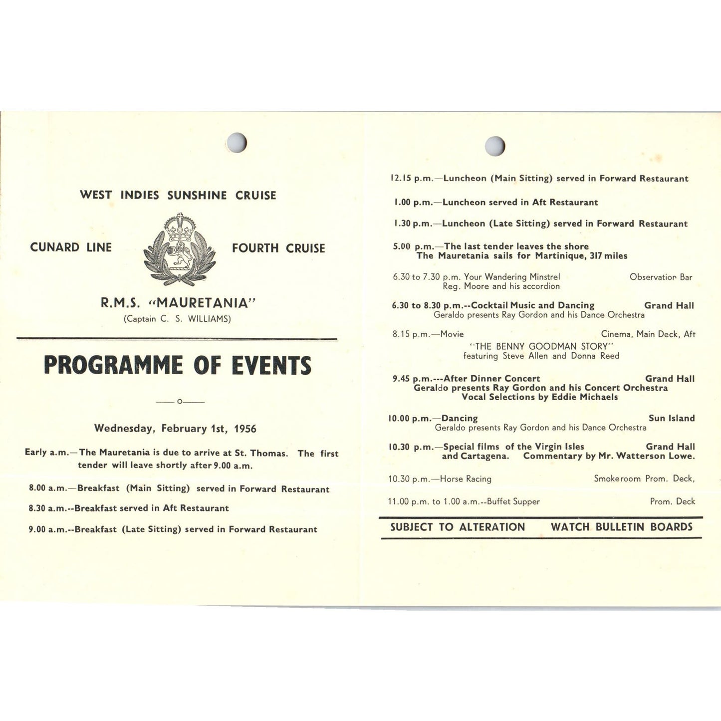 1956 Feb 1st RMS Mauretania Cunard Line Program Capt. C.S. Williams AB9