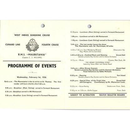 1956 Feb 1st RMS Mauretania Cunard Line Program Capt. C.S. Williams AB9