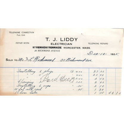 TJ Liddy Electrician Worcester MA 1925 Original Billhead Letterhead Receipt D8-LL