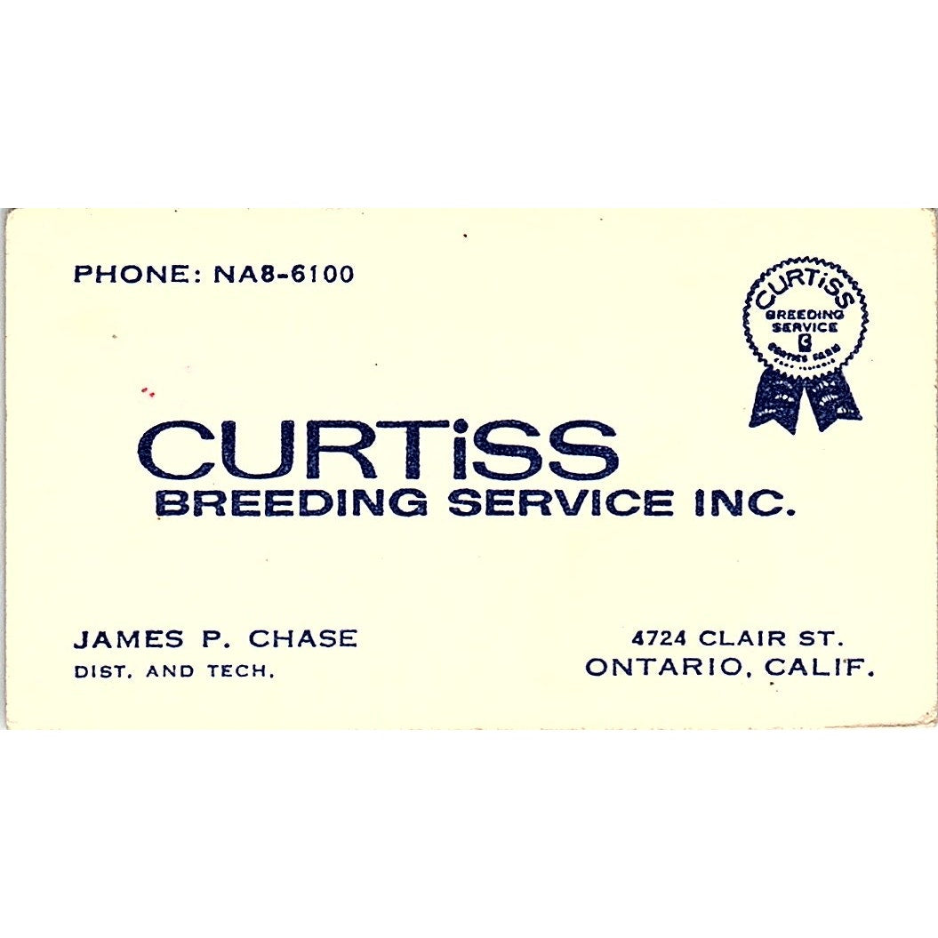 James P Chase Curtiss Breeding Service Ontario CA Vintage Business Card SD9-B10