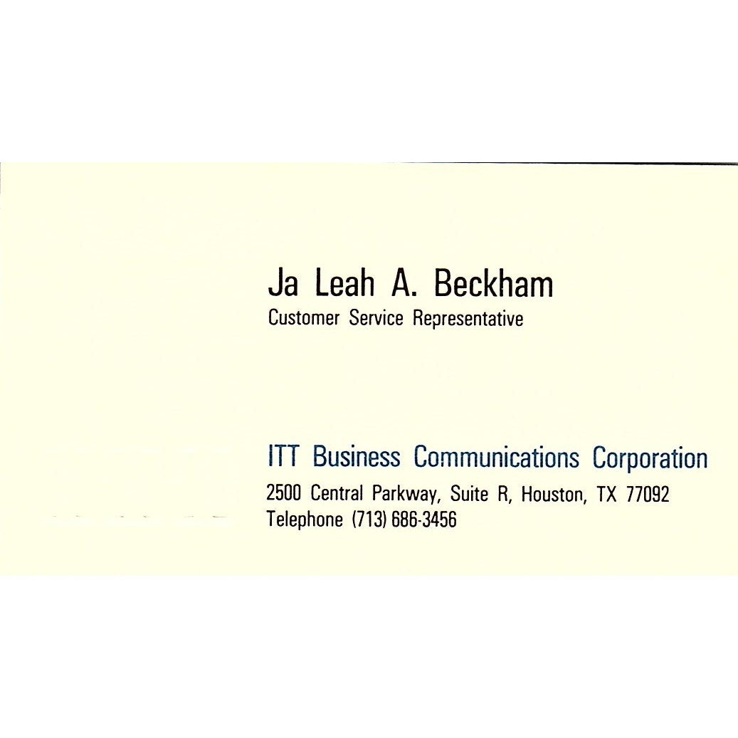 Ja Leah A Beckham ITT Business Communications Houston Vtg Business Card SE3-B16