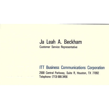 Ja Leah A Beckham ITT Business Communications Houston Vtg Business Card SE3-B16