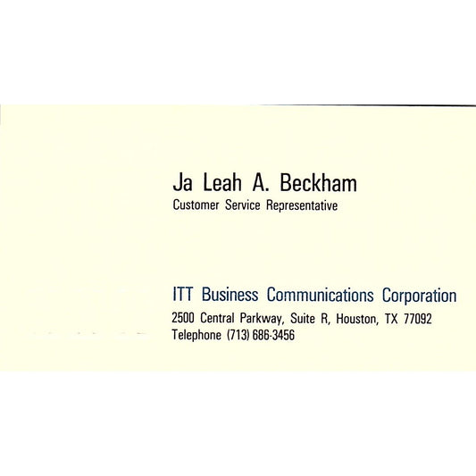 Ja Leah A Beckham ITT Business Communications Houston Vtg Business Card SE3-B16