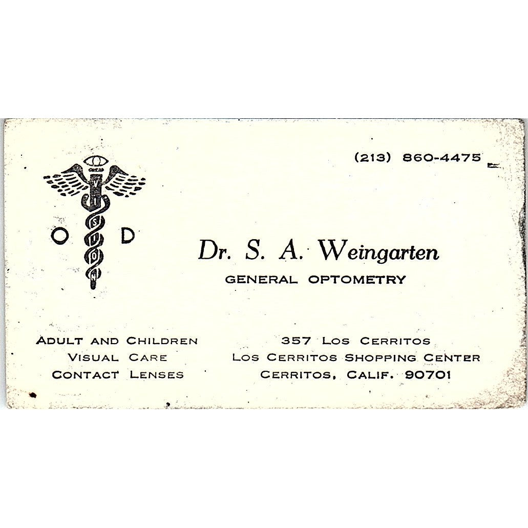 Dr. S.A. Weingarten General Optometry Cerritos CA Vintage Business Card SB4-B3