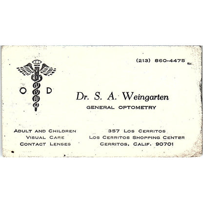 Dr. S.A. Weingarten General Optometry Cerritos CA Vintage Business Card SB4-B3