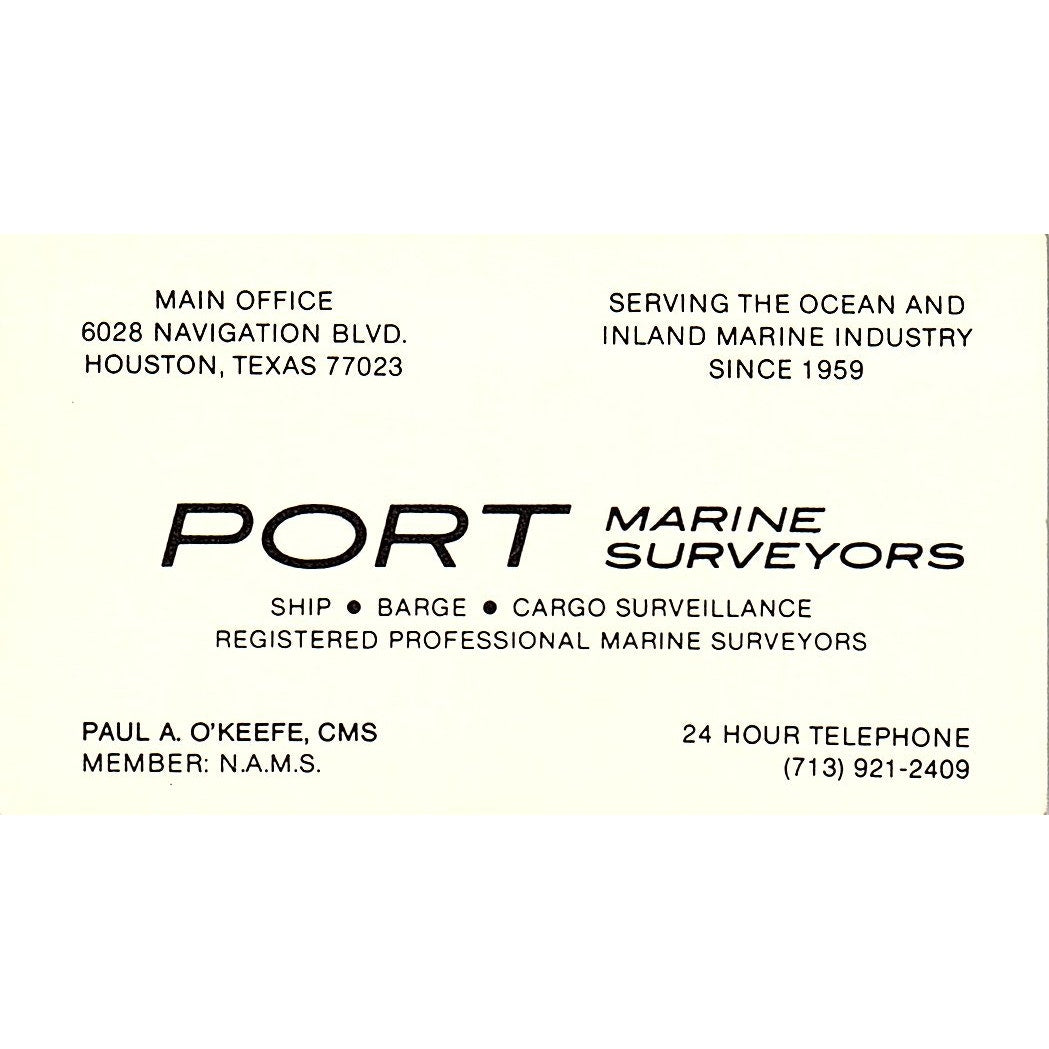 Port Marine Surveyors Paula A O'keefe HoustonVintage Business Card SC9-B2