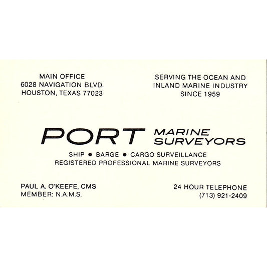 Port Marine Surveyors Paula A O'keefe Houston Vintage Business Card SC9-B2