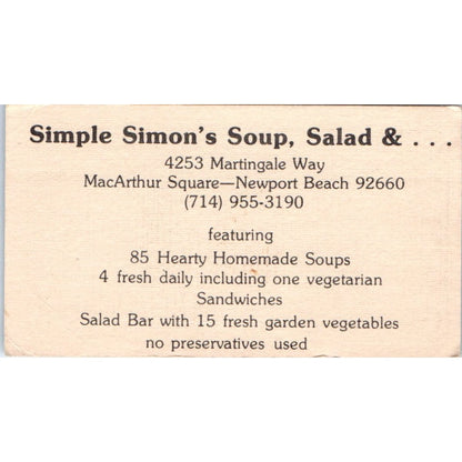 Simple Simon's Soup MacArthur Square Newport Beach Vintage Business Card SD8-B6