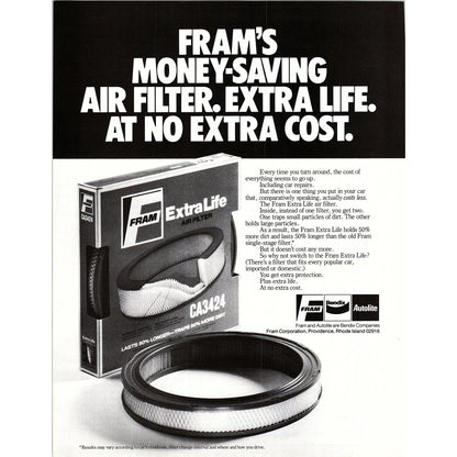 Fram Money Saving Air Filter 8x11" 1981 Ad D26
