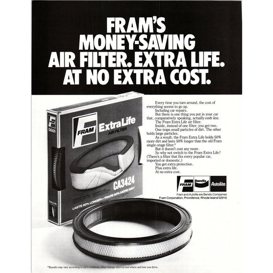 Fram Money Saving Air Filter 8x11" 1981 Ad D26