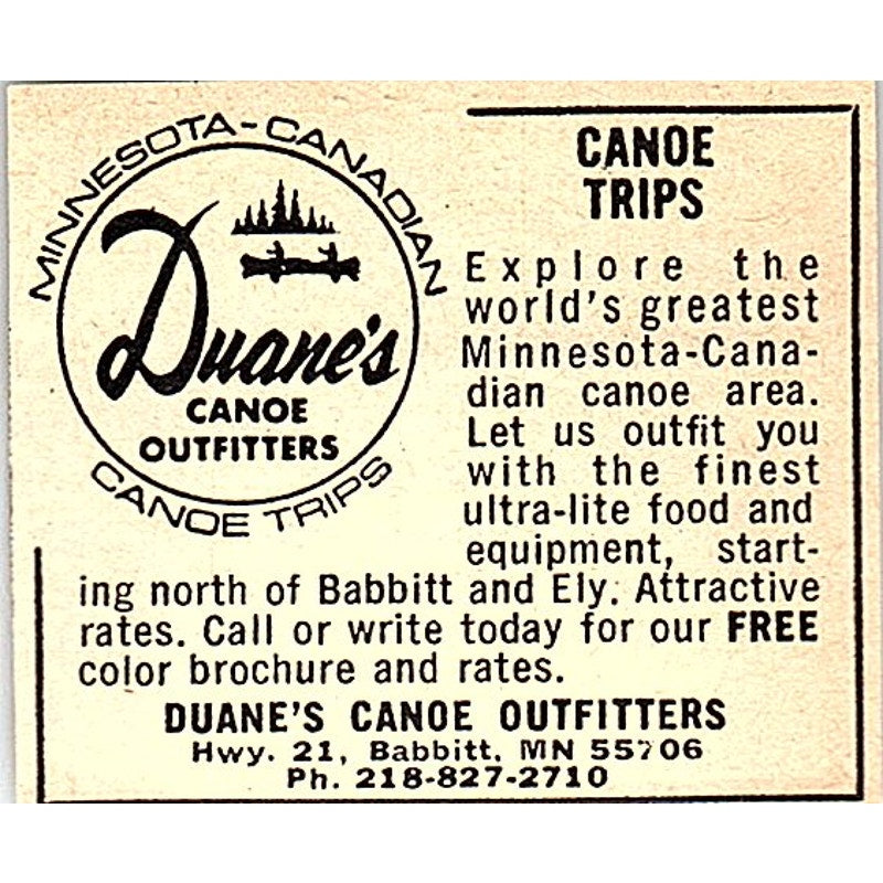 Duane's Canoe Outfitters Babbitt MN 1977 Ad AF6-M3