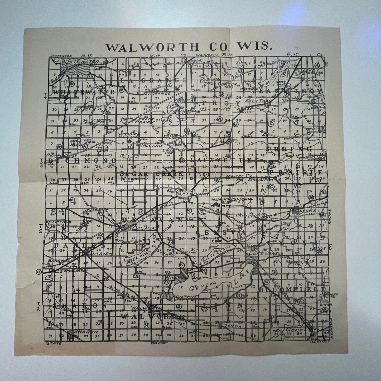 1920s Walworth County Wisconsin Full County Fold Out Plat Map 13.25" K28