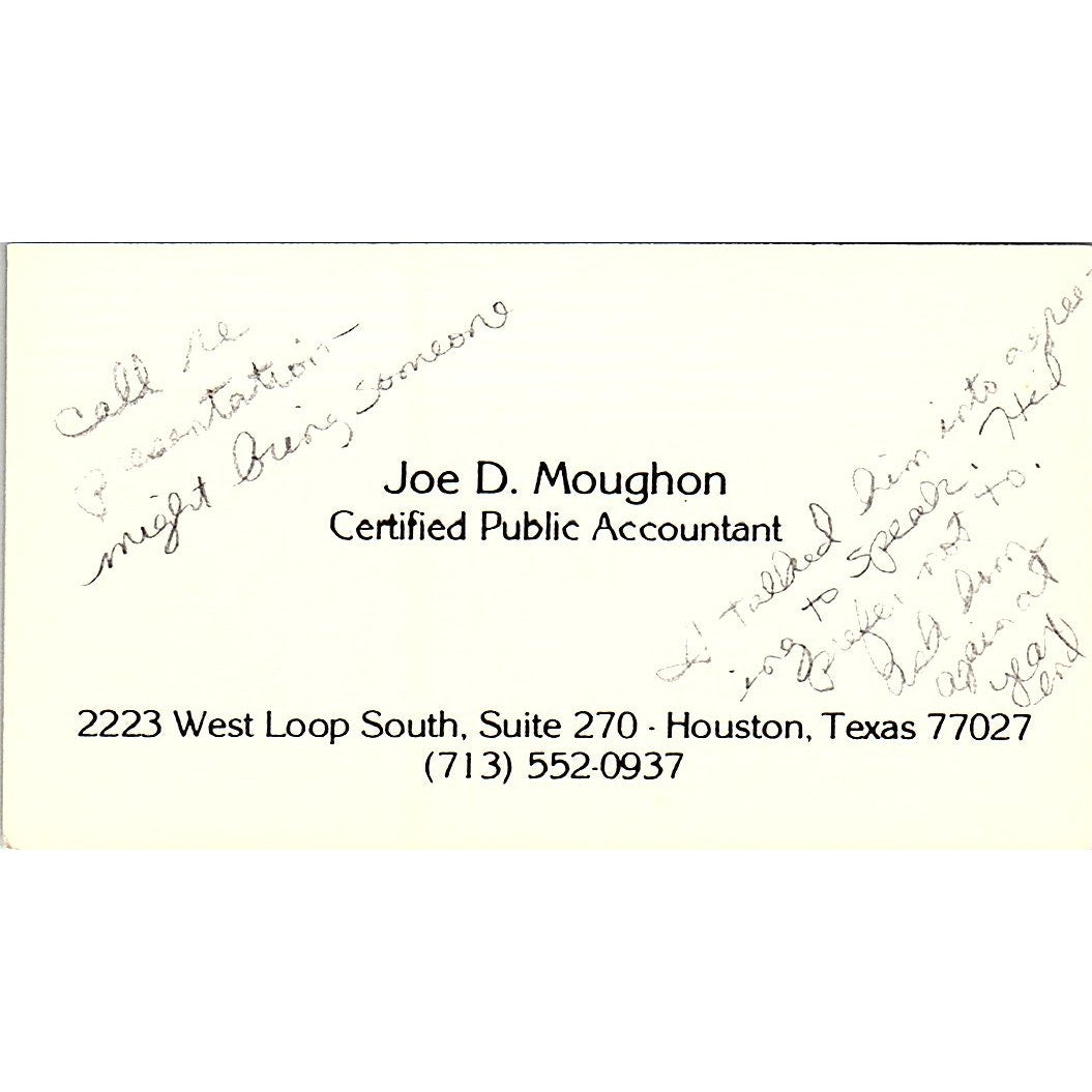 Joe D Moughon CPA Houston TX Vintage Business Card SD9-B1