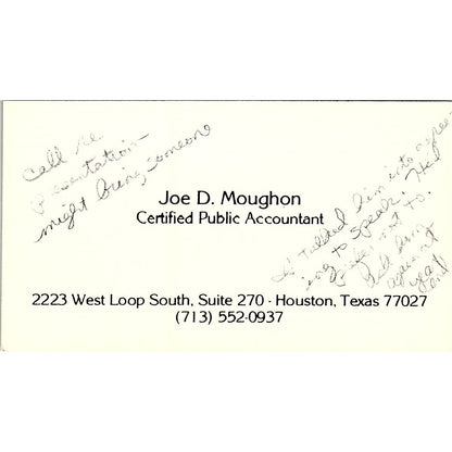Joe D Moughon CPA Houston TX Vintage Business Card SD9-B1