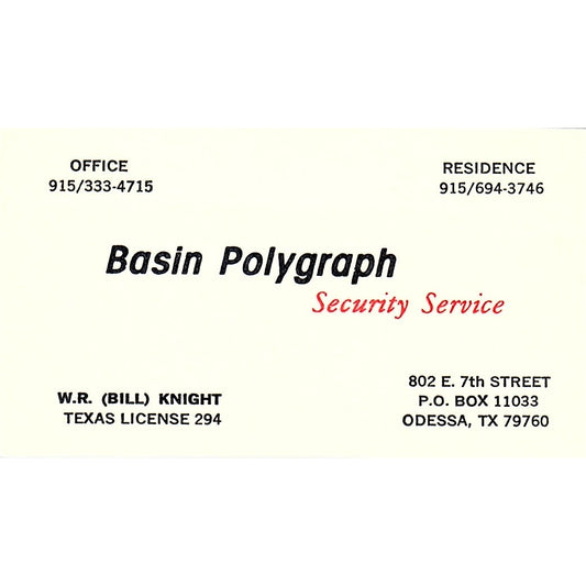 Basin Polygraph Security Service W.R. Knight Odessa Texas Business Card SB4-B3