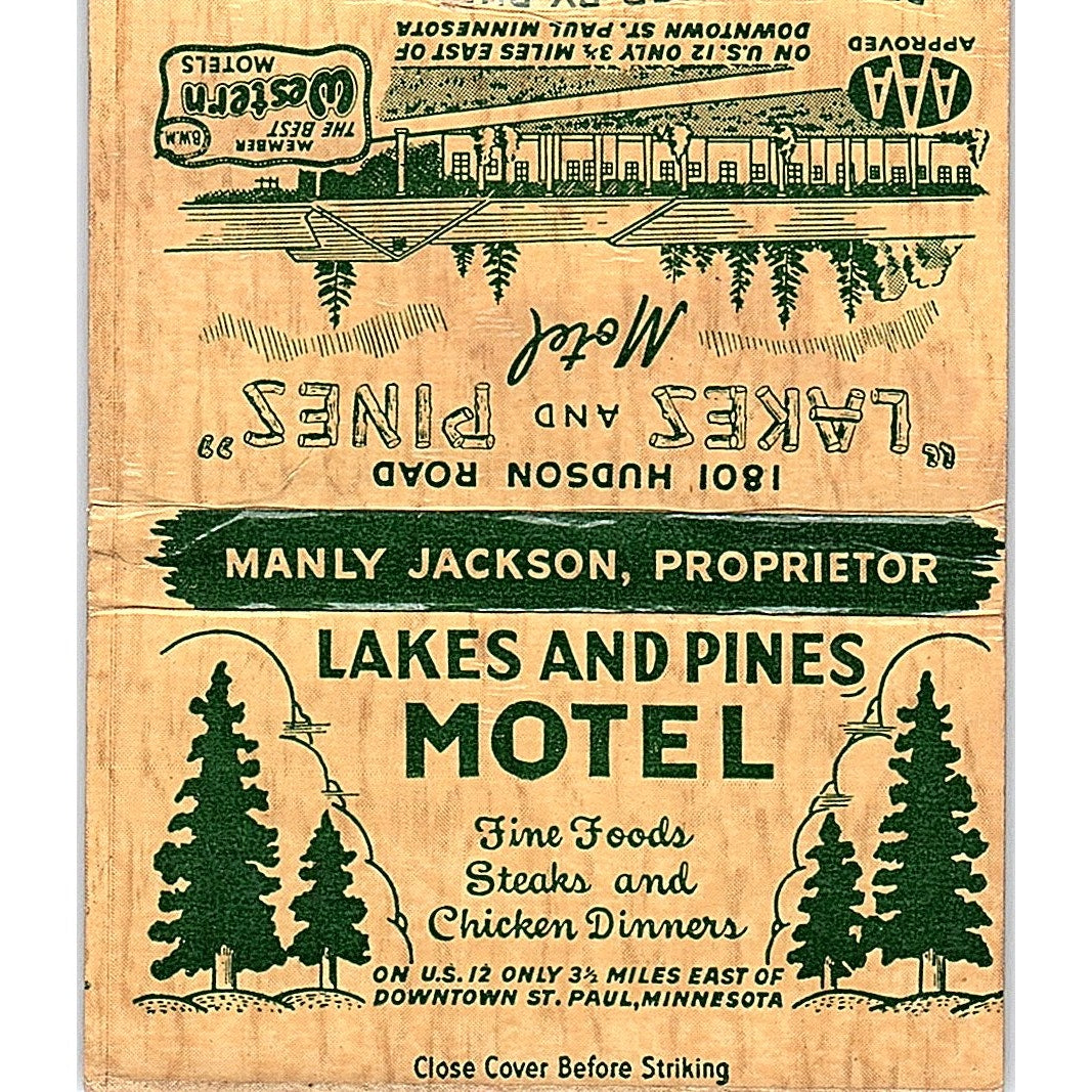 Lakes and Pines Motel Manly Jackson St. Paul MN Vtg Large Matchbook Cover ML1-7