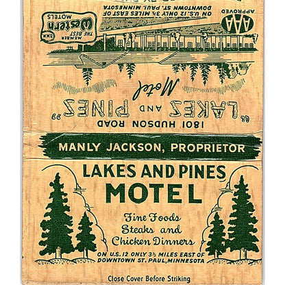 Lakes and Pines Motel Manly Jackson St. Paul MN Vtg Large Matchbook Cover ML1-7