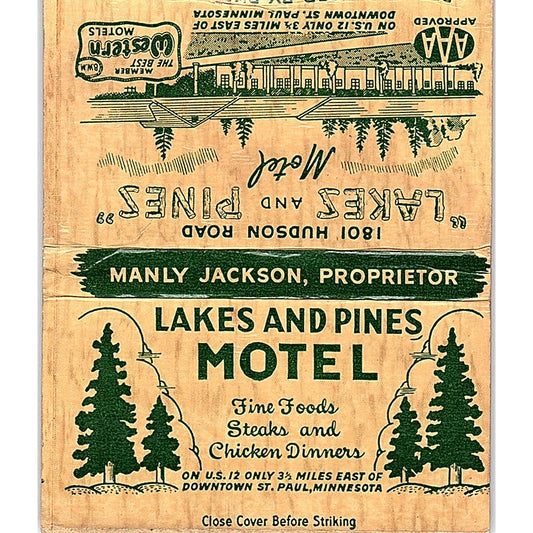 Lakes and Pines Motel Manly Jackson St. Paul MN Vtg Large Matchbook Cover ML1-7