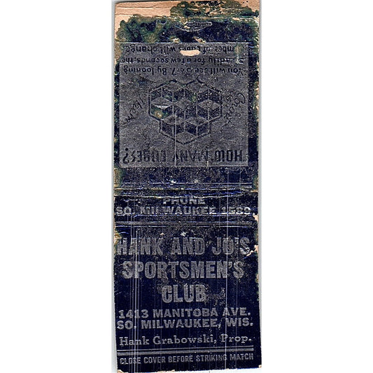 Hank & Jo's Sportsmen's Club Hank Grabowski Milwaukee Vtg Matchbook Cover SC7-Y8