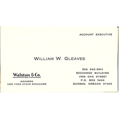 Walston & Co. William W. Gleaves Account Executive Eugene Business Card SF3-B4