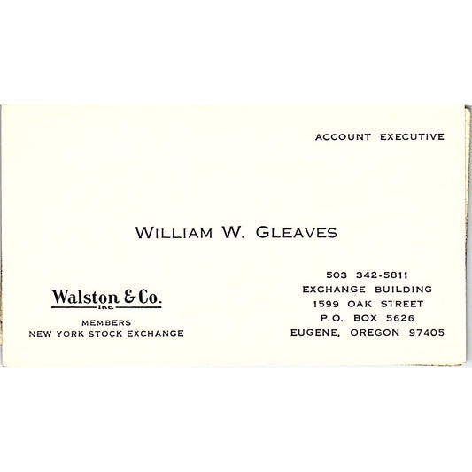 Walston & Co. William W. Gleaves Account Executive Eugene Business Card SF3-B4